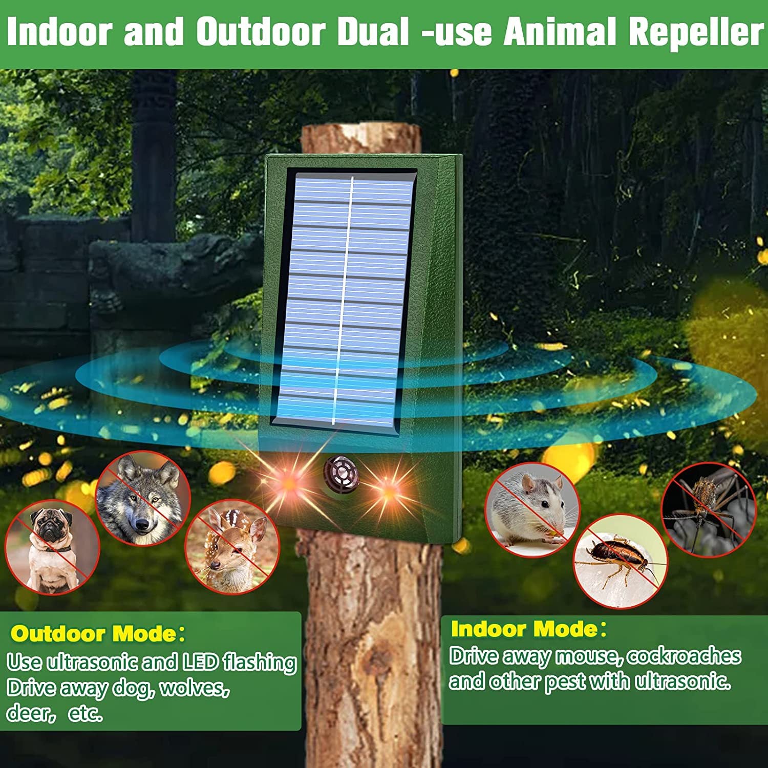 Ultrasonic Animal Repeller Outdoor Mouse Repellent Devices with Strobe Flashing Light Waterproof Solar Animal Repeller