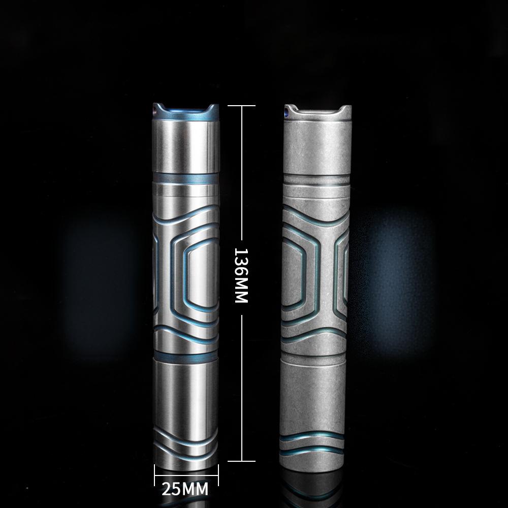 A tactical flashlight made of titanium alloy with blue accents, showing a micro USB charging port.