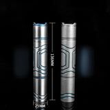 A tactical flashlight made of titanium alloy with blue accents, showing a micro USB charging port.