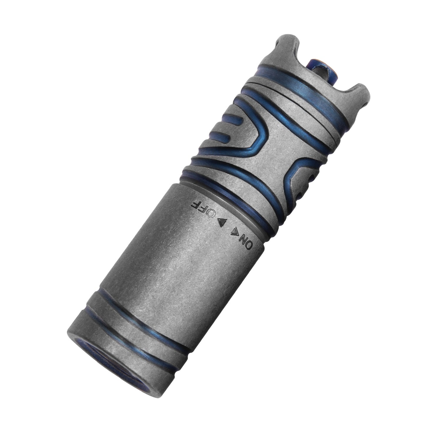 Two compact titanium alloy LED flashlights with blue accents, held in a person's hand.