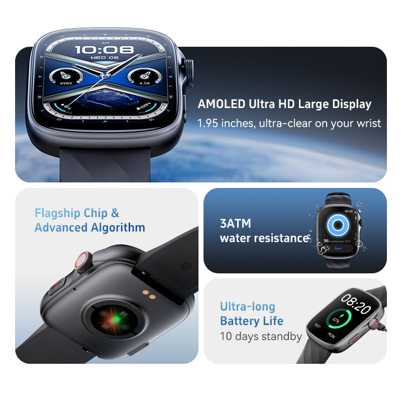 Smartwatch with features highlighted on a white background