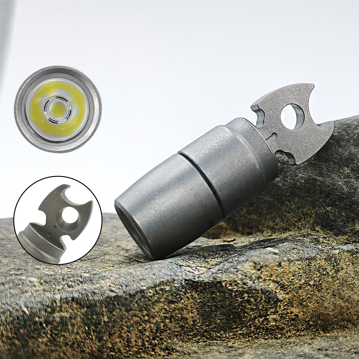 Multitool with knife blade and flashlight on a rock surface