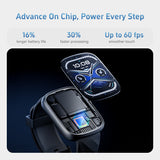 Smartwatch with a close-up of its chip, showcasing performance benefits on a blue background.