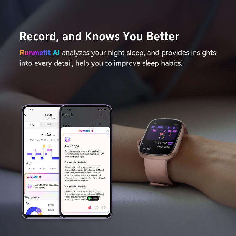 Smartwatch and smartphones displaying Runmefit AI app on a dark background