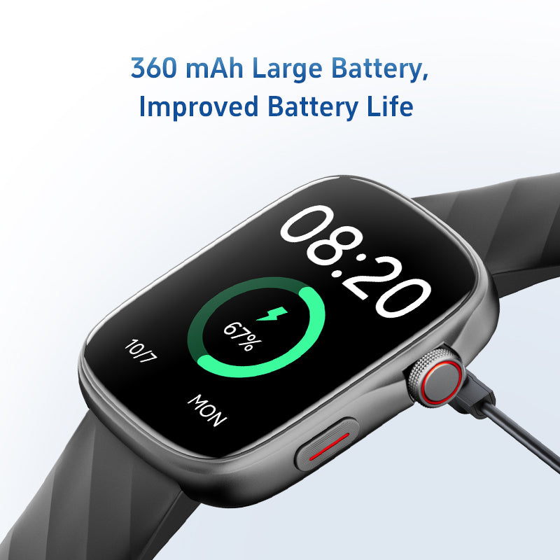 Smartwatch with charging cable on a light gray background, highlighting battery life feature.