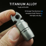 Titanium alloy tool bit held in a hand with product features highlighted.