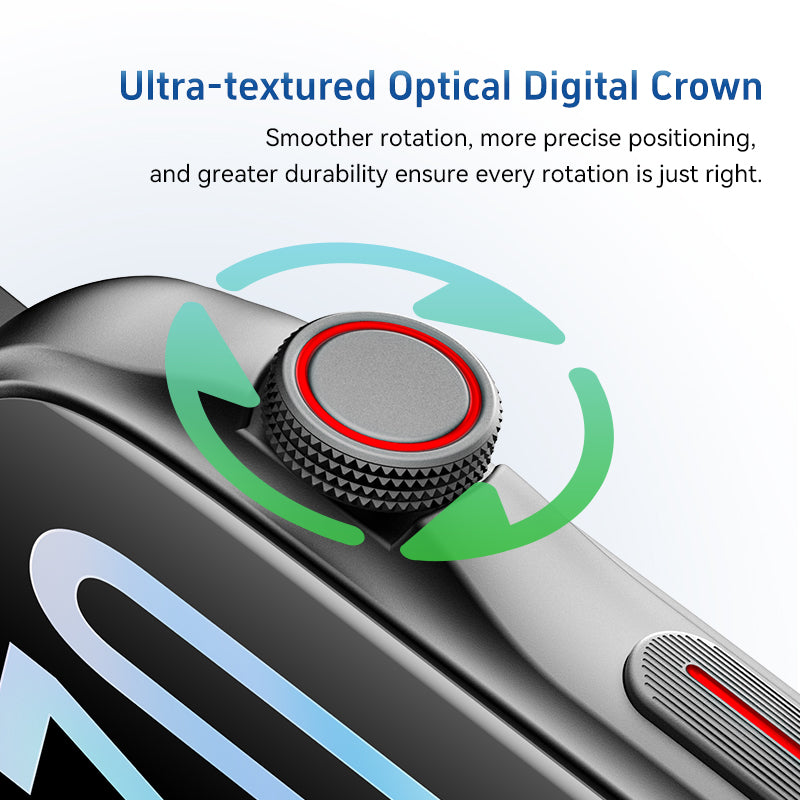 Ultra-textured optical digital crown with text on durability and precision