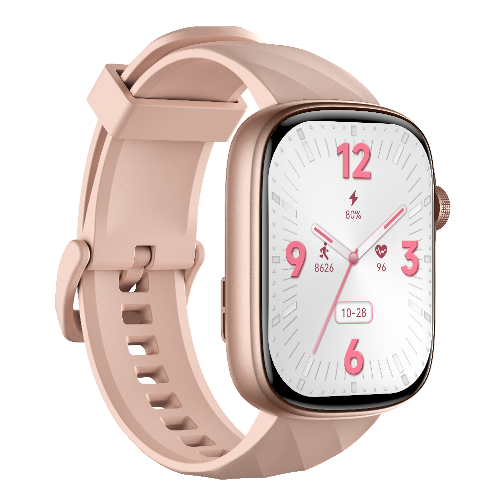 Smartwatch with a rose gold case and band on a white background