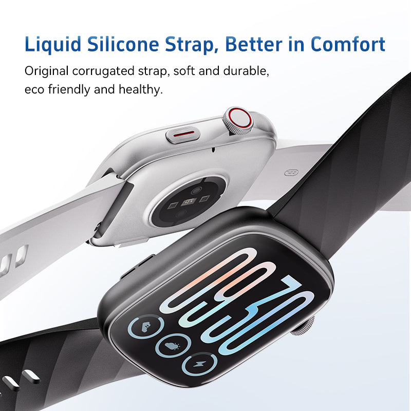 Smartwatch with a liquid silicone strap on a light gray background