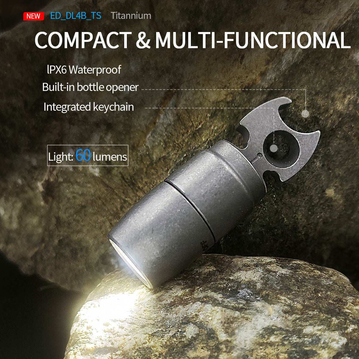 Compact multi-functional device with light, bottle opener, and keychain on a rock background