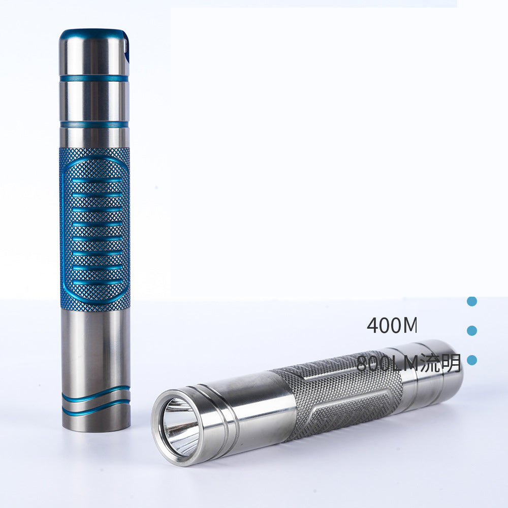 An ultra-bright flashlight made of titanium alloy, shown in two angles, highlighting its compact design and the LED light at the bottom. The flashlight is silver with blue accents.