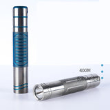 An ultra-bright flashlight made of titanium alloy, shown in two angles, highlighting its compact design and the LED light at the bottom. The flashlight is silver with blue accents.