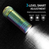 Multicolored flashlight with 3-level smart adjustment on a dark background