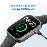 Smartwatch with charging cable on a light gray background, highlighting battery life feature.