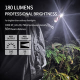 Person using a flashlight with text highlighting 180 lumens and professional brightness in a dark outdoor setting.