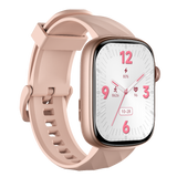 Smartwatch with a rose gold case and band on a white background