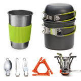 Package includes: 1 x Mini Stove  1 x Pot (small)  1 x Pot (large)  3 x Stainless Steel Tableware ( 1 x Spoon, 1 x Fork, 1 x Knife)  1 x Tank Bracket  1 x Stainless Steel Cup (16oz)  1 x Cup Protector