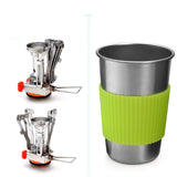 Package includes: 1 x Mini Stove  1 x Pot (small)  1 x Pot (large)  3 x Stainless Steel Tableware ( 1 x Spoon, 1 x Fork, 1 x Knife)  1 x Tank Bracket  1 x Stainless Steel Cup (16oz)  1 x Cup Protector